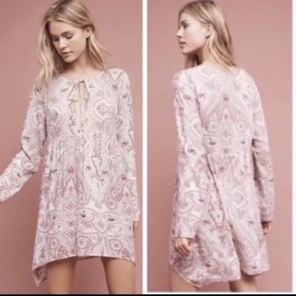 Anthropologie Lilka Dress Women Large Pink Paisley Flowy Keyhole Mini Boho B16 - Picture 2 of 11